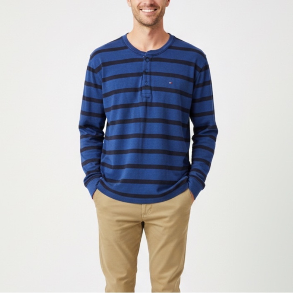 Tommy Hilfiger Striped Henley XXL Navy Blue Casual Preppy Comfort Dadcore